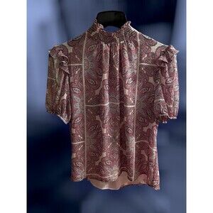 Tommy Hilfiger - Paisley Print Pink Salmon Smocked High Neck Ruffle Puff Sleeve